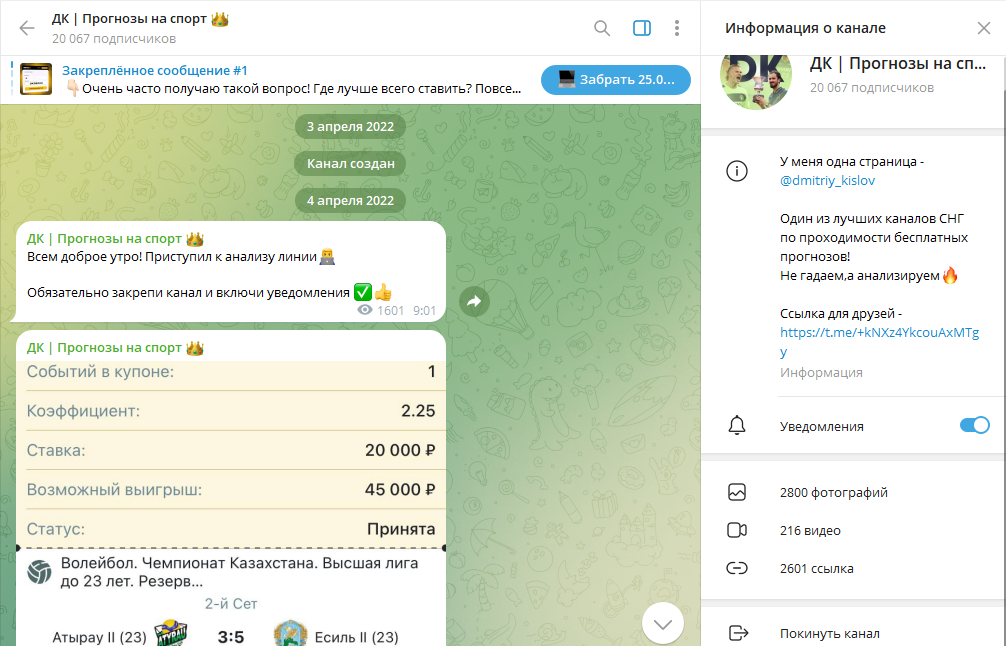 Телеграм канал ДК | Прогнозы на спорт обзор проекта, отзывы подписчиков
