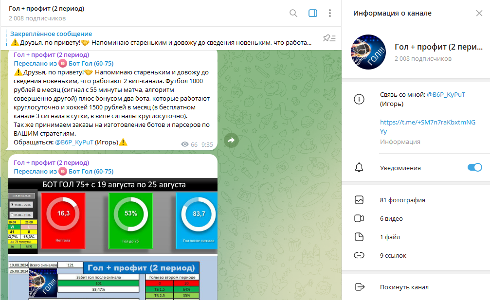 Телеграм канал Гол + профит (2 период) обзор, отзывы подписчиков