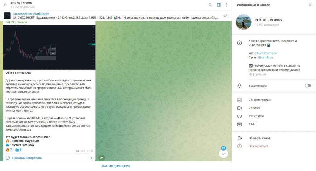 Телеграм канал Erik 7R | Kronos — реальные отзывы и анализ