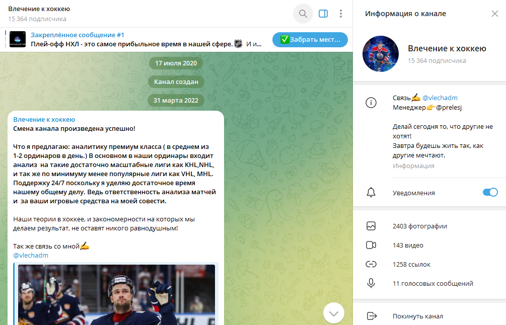 Телеграм канал Влечение к хоккею обзор, реальные отзывы о паблике